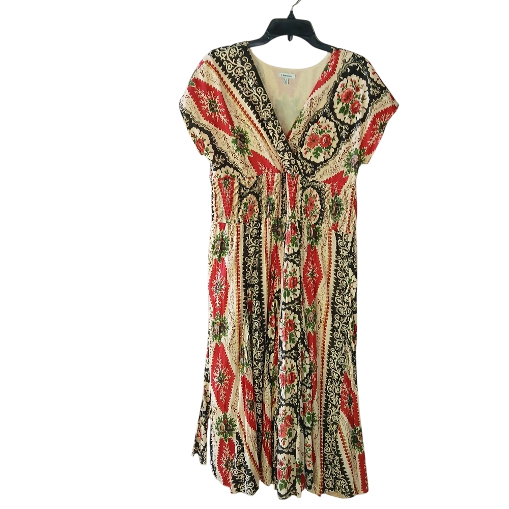 J. Peterman Cream Black Red Batik Indian Cotton Smocked Waist Midi Dress Size 4